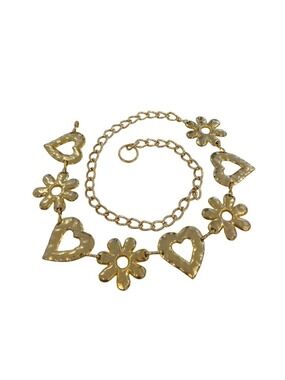 Vintage Gold Tone Heart & Flower Link Chain Belt With Adjustable Clasp Closure